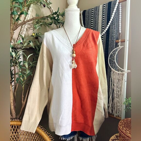 Bibi Oversized Colorblock Fall Vibes V Neck Sweater - Picture 6 of 10